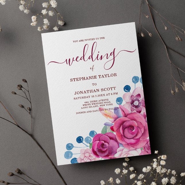 Country chic pink purple blue floral theme wedding invitation (Country chic pink purple blue floral theme wedding )