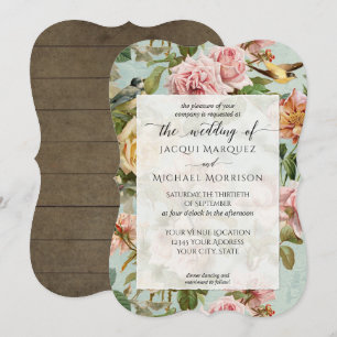 Country Chic Pink Rose Flower Rustic Wood Wedding Invitation