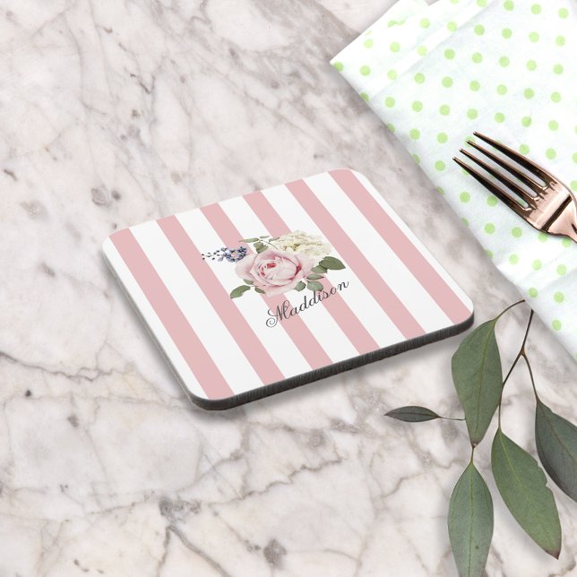 Country Chic Pink Striped Rose Bouquet Monogrammed Coaster (Creator Uploaded)