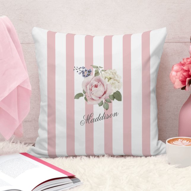 Country Chic Pink Striped Rose Bouquet Monogrammed Cushion (Creator Uploaded)