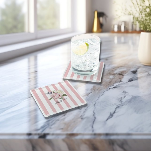 Country Chic Pink Striped Rose Bouquet Monogrammed Glass Coaster (Creator Uploaded)