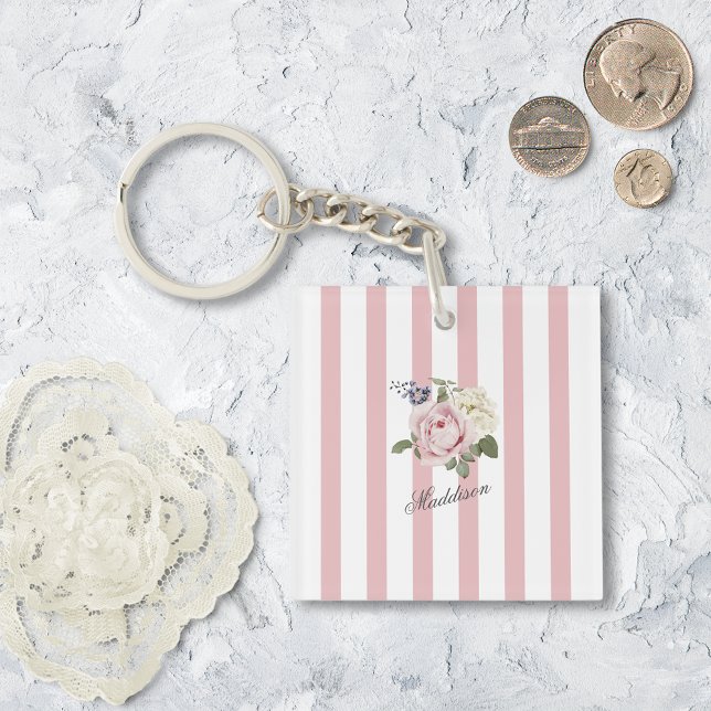 Country Chic Pink Striped Rose Bouquet Monogrammed Key Ring (Creator Uploaded)