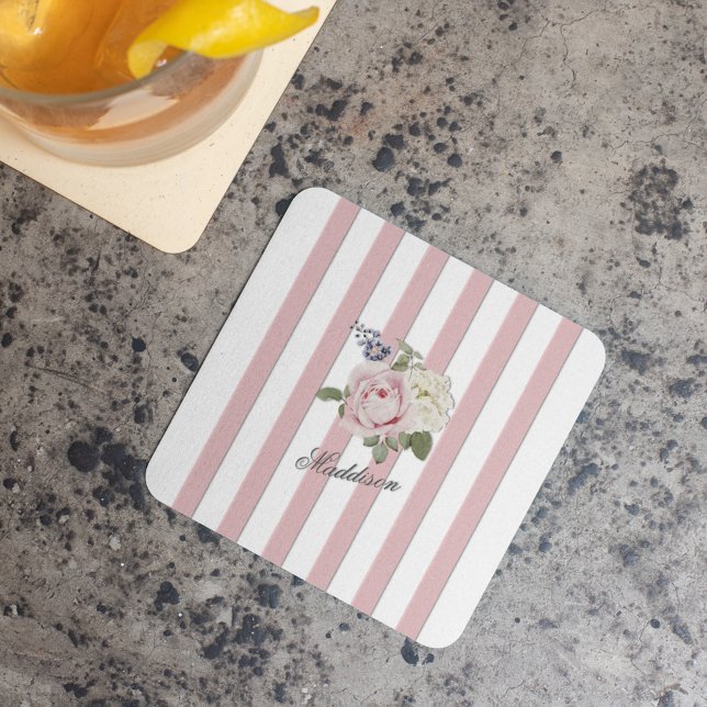 Country Chic Pink Striped Rose Bouquet Monogrammed Square Paper Coaster (Creator Uploaded)