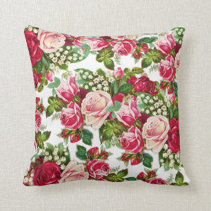 Country chic red pastel pink forest green floral cushion
