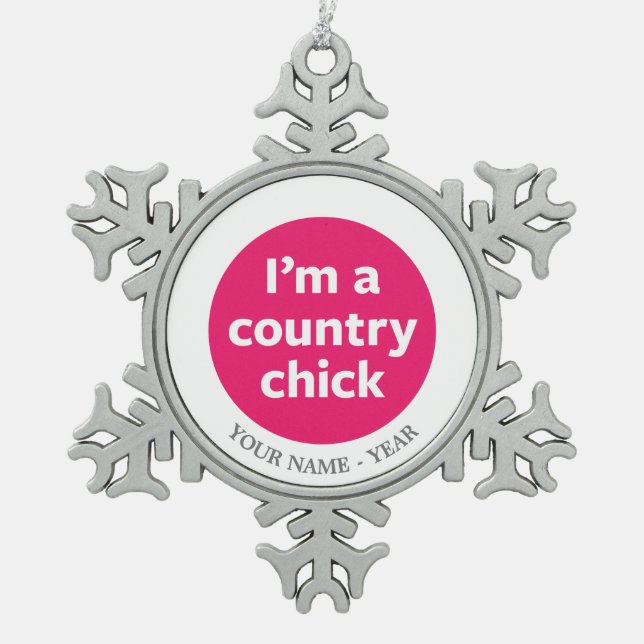 Country Chick Snowflake Pewter Christmas Ornament (Front)