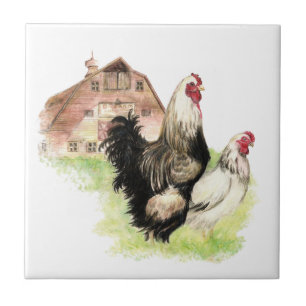 Country Chicken & Rooster Barn, Farm Scene Ceramic Tile