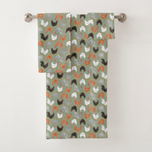 Country Chickens and Roosters on Green Bath Towel Set