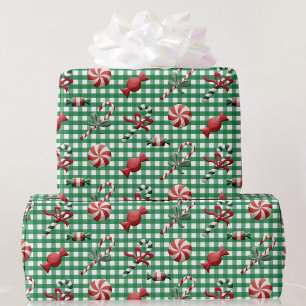 Country Christmas Candy Green Gingham Gift Wrapping Paper