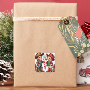 Country Christmas Cowboy Cowgirl Candy Christmas Square Sticker