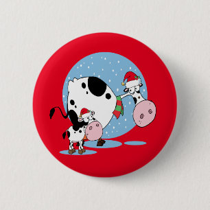 Country Christmas Cows With Santa Hats 6 Cm Round Badge