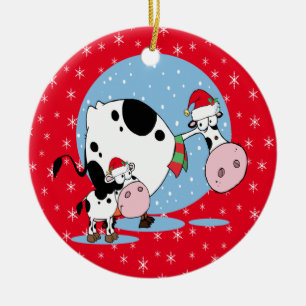 Country Christmas Cows With Santa Hats Ceramic Tree Decoration