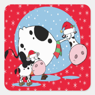 Country Christmas Cows With Santa Hats Square Sticker
