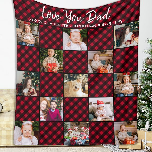 Country Christmas Custom Red Plaid Photo Collage Fleece Blanket (Creator Uploaded)