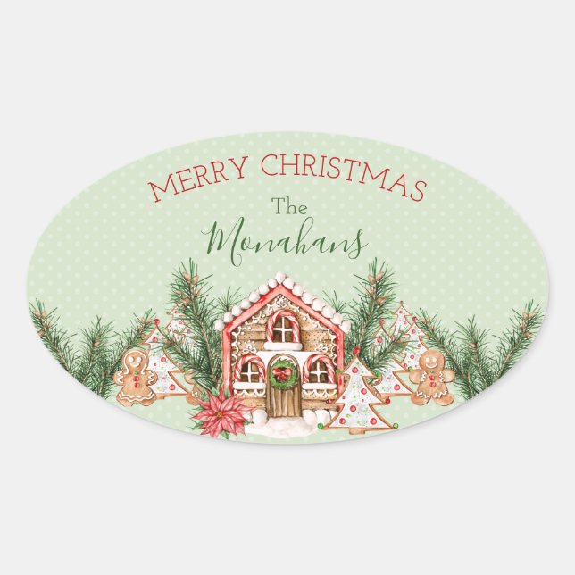 Country Christmas Gingerbread House Oval Sticker (Front)