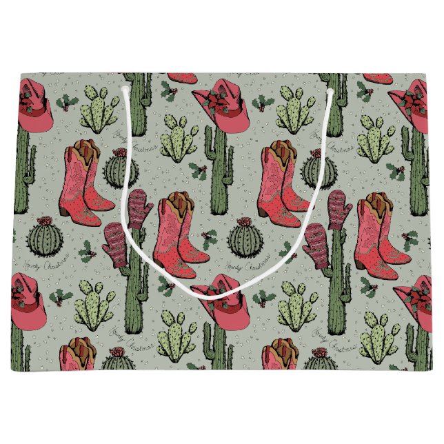 Country Christmas Girly Cowgirl Boots & Cactus Large Gift Bag (Front)