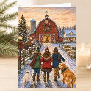 Country Christmas Horse & Red Barn Merry Christmas Card