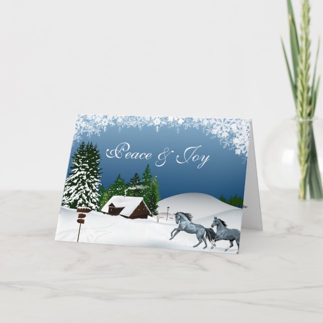 Country Christmas Horses in the Snow Peace and Joy Holiday Card (Front)