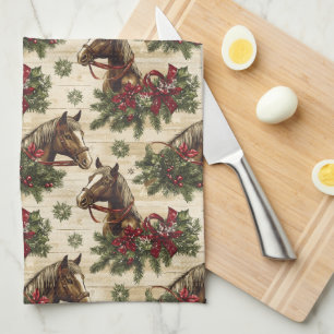 Country Christmas Horses Tea Towel