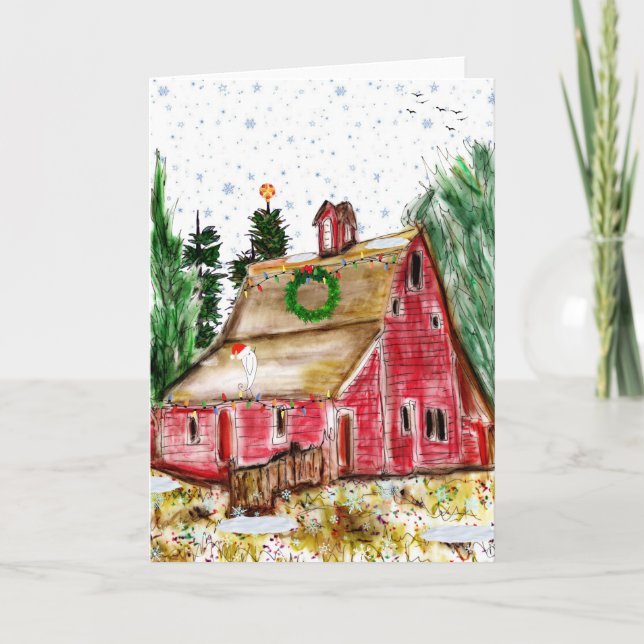 Country Christmas Old Red Barn Greeting Card (Front)