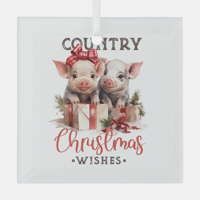 Country Christmas Piggies Glass Tree Decoration (Front)