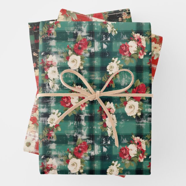 Country Christmas Plaid Florals Distressed Wrapping Paper Sheet (In situ)