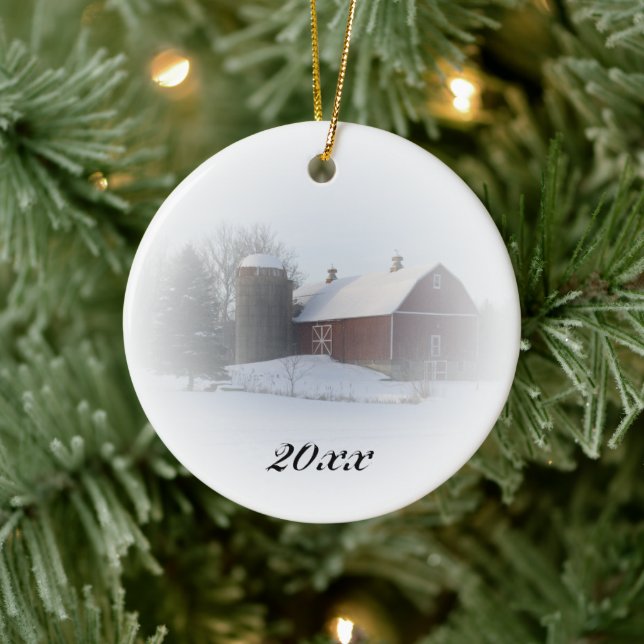 Country Christmas Red Barn Dated Ceramic Ornament (Tree)