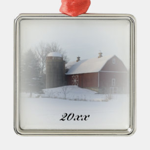 Country Christmas Red Barn Dated Metal Tree Decoration