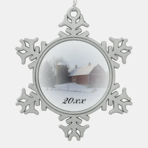 Country Christmas Red Barn Dated Snowflake Pewter Christmas Ornament