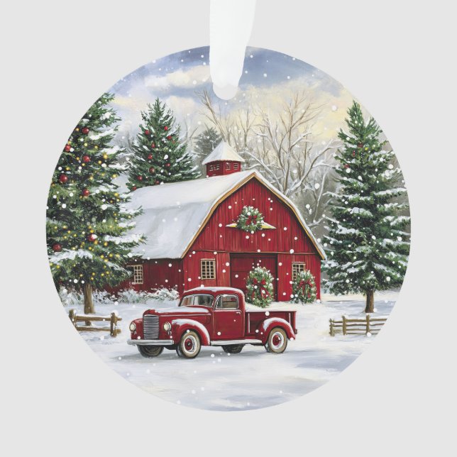 Country Christmas Red Truck and Barn Ornament (Front)