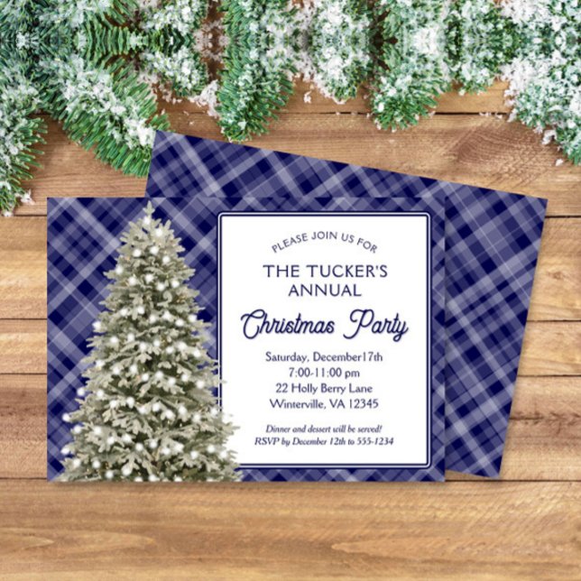 Country Christmas Tree Blue Plaid Christmas Party Invitation (Creator Uploaded)