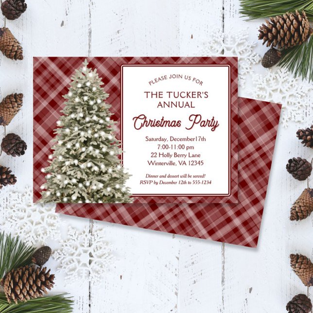 Country Christmas Tree Red Plaid Christmas Party Invitation (Creator Uploaded)