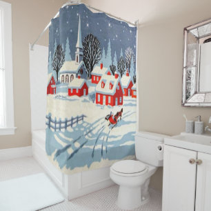 Country Christmas Victorian Village Horse Carriage Shower Curtain