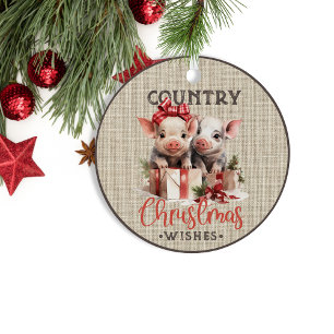 Country Christmas Wishes with Two Piglets Metal Tree Decoration