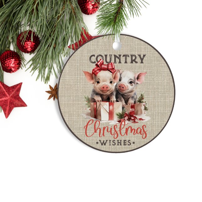 Country Christmas Wishes with Two Piglets Metal Tree Decoration (Creator Uploaded)