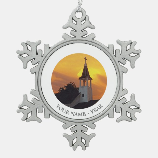 Country Church Snowflake Pewter Christmas Ornament (Front)