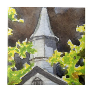 Country church steeple with dark storm behind ceramic tile