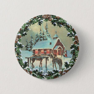 COUNTRY CHURCH & WREATH by SHARON SHARPE 6 Cm Round Badge