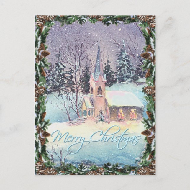 COUNTRY CHURCH & WREATH by SHARON SHARPE Holiday Postcard (Front)