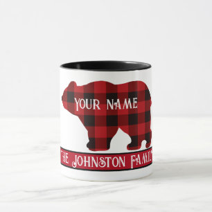Country classic bear, red black plaid mug