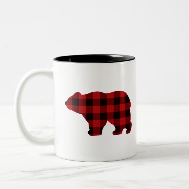 Country classic red and black plaid Bear Two-Tone Coffee Mug (Left)