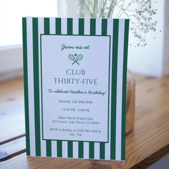 Country Club Tennis Birthday Party Green Stripe Invitation (Creator Uploaded)