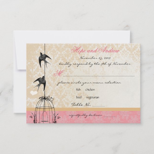 Country Coral Damask Bird Cage Wedding RSVP (Front)