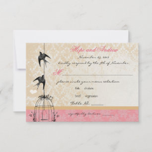 Country Coral Damask Bird Cage Wedding RSVP Card