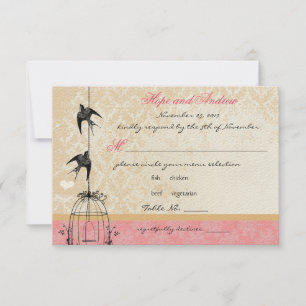 Country Coral Damask Bird Cage Wedding RSVP Card