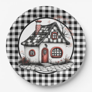 Country Cottage In Black And White  Paper Plate