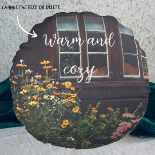 Country cottage with rustic garden round cushion