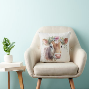 Country Cow With Flowers Cushion