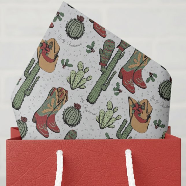 Country Cowboy Howdy Christmas Grey Tissue Paper (Elegant Light Gray Howdy Christmas Western Cowboy Ivory Tissue Paper. Cowgirl Boots & Cactus Pattern)