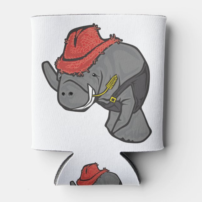 Country cowboy manatee in overalls can cooler (Front)