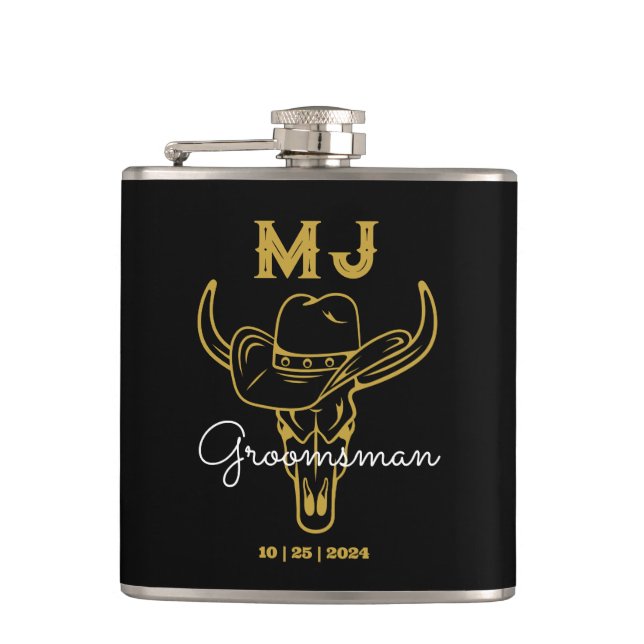 Country Cowboy Personalised Groomsmen Monogram Hip Flask (Front)
